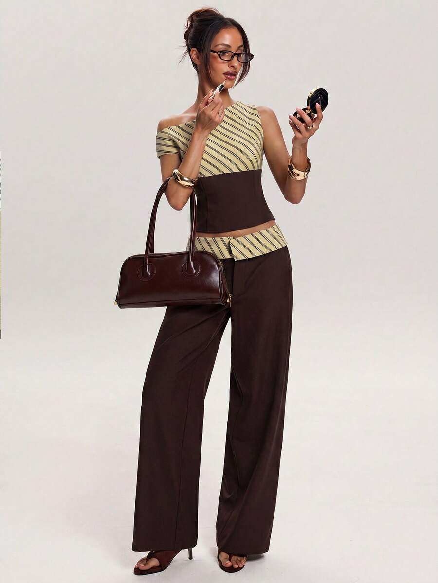 SHEIN BAE Women's Striped Asymmetric Neck Cinched Waist Fashionable Top,Summer Top - Yellow - View 1