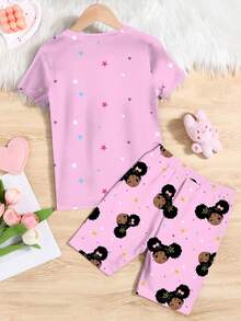 SHEIN Leap Crew Tween 女童休闲可爱粉色短袖和短裤睡衣套装，春夏，贴身款 - 彩色 - 查看 2