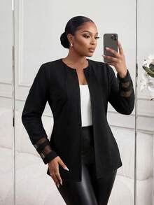 SHEIN Lady CURVE 休闲加大码女式纯色网眼拼接休闲通勤长袖开襟外套黑色西装外套女式黑色夹克女式黑色薄纱袖上衣泡泡袖西装外套黑色西装外套女式薄纱黑色袖上衣黑色西装女式薄纱黑色上衣 - 黑色 - 查看 6