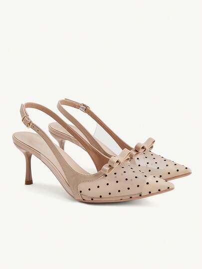 CUCCOO CHICEST Damen Schuhe mit spitzer Stilettoform, apricotfarben mit Polka Dot Mesh Schleife, modisch und elegant, vielseitig für den täglichen Gebrauch, Damen Absatzschuhe mit Riemchen, temperamentvoll, modisch und sexy für Partys