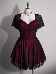 SHEIN ICON Plus Size Women's Retro Dark Gothic Sweetheart Neckline Mesh Slim Fit Dress,Black,Summer,Goth,Night Out Club Red And Black Color Block Y2K Elegant - Multicolor - View 3