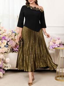 Gownix Plus Size Women's Elegant Formal Gym Brown Autumn Dress,Floral Decor Asymmetrical Patchwork Pleated Luxury Evening Party Wedding Guest Outfits - Multicolor - View 7