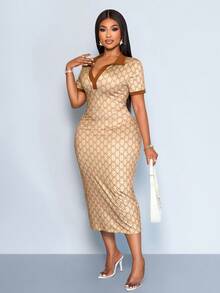 SOLERSUN Plus-Size Chocolate Brown Butterfly Print V-Neck Polo Collar Color-Blocked Elegant Fitted Midi Dress - Khaki - View 5