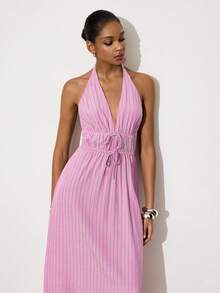Maija Vestido de mujer con cuello de halter y corbata, de estilo versátil y con rayas - Multicolor - Ver 7