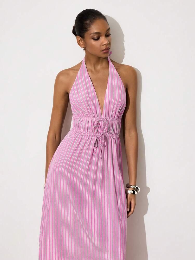 SHEIN Maija Women's Pink And Blue Striped Halter Neck Tie Dress,Summer Casual Vacation Holiday Outfits,Vintage Old Money Tropical Floral Pattern Sundress