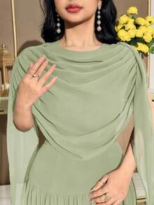 Modelyn 女士纯色垂褶中长连衣裙，优雅夏季 - 綠色 - 查看 2