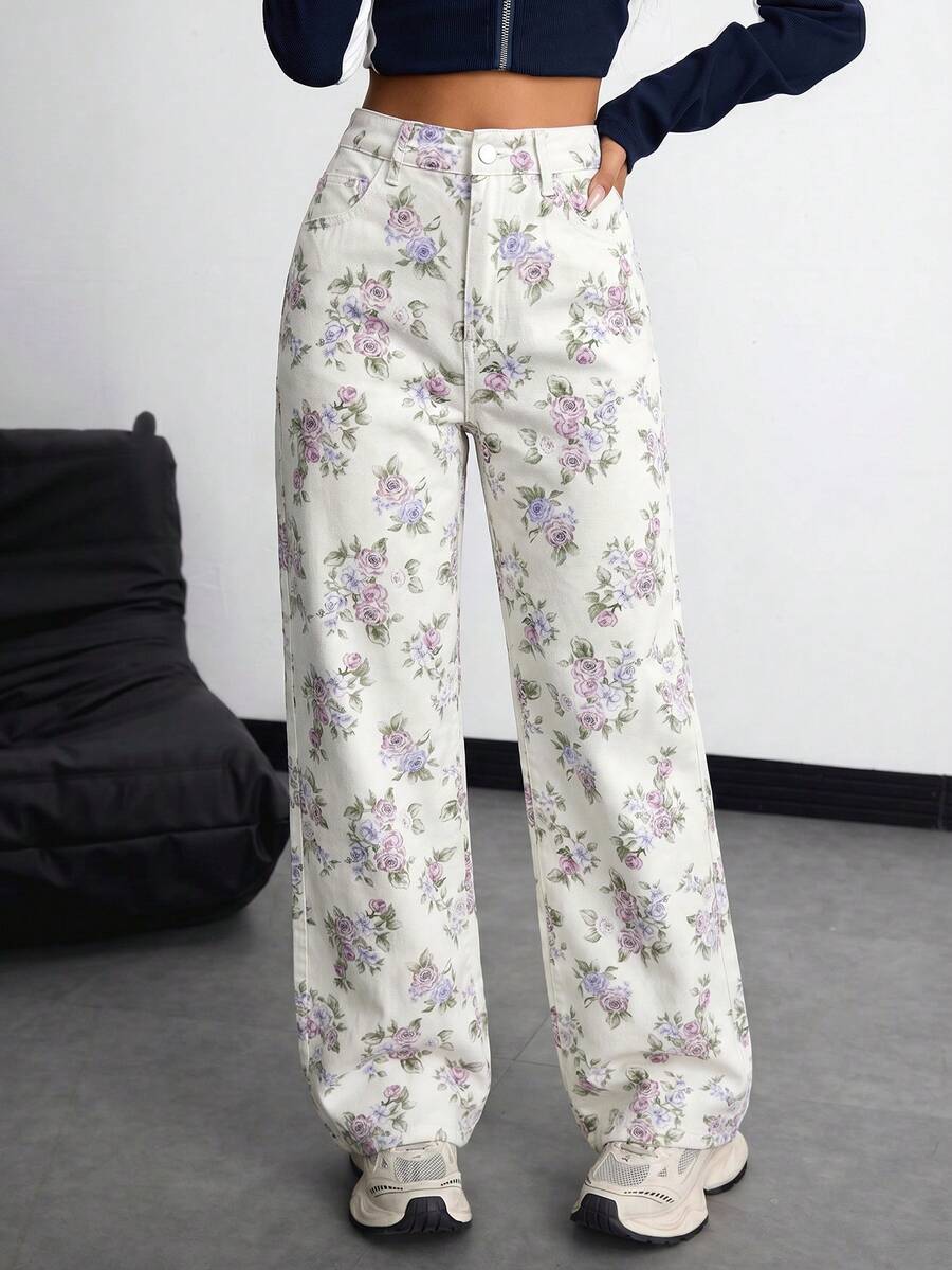 SHEIN ICON Quần jean nữ thời trang đi nghỉ mát in hoa, có túi và cúc cài. - Nhiều màu - Xem 1