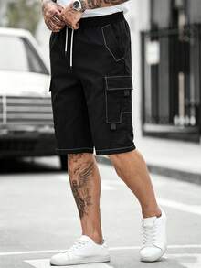 Manfinity CasualCool 男士夏季休闲时尚街头撞色缝线抽绳腰带工装短裤 - 黑色 - 查看 4