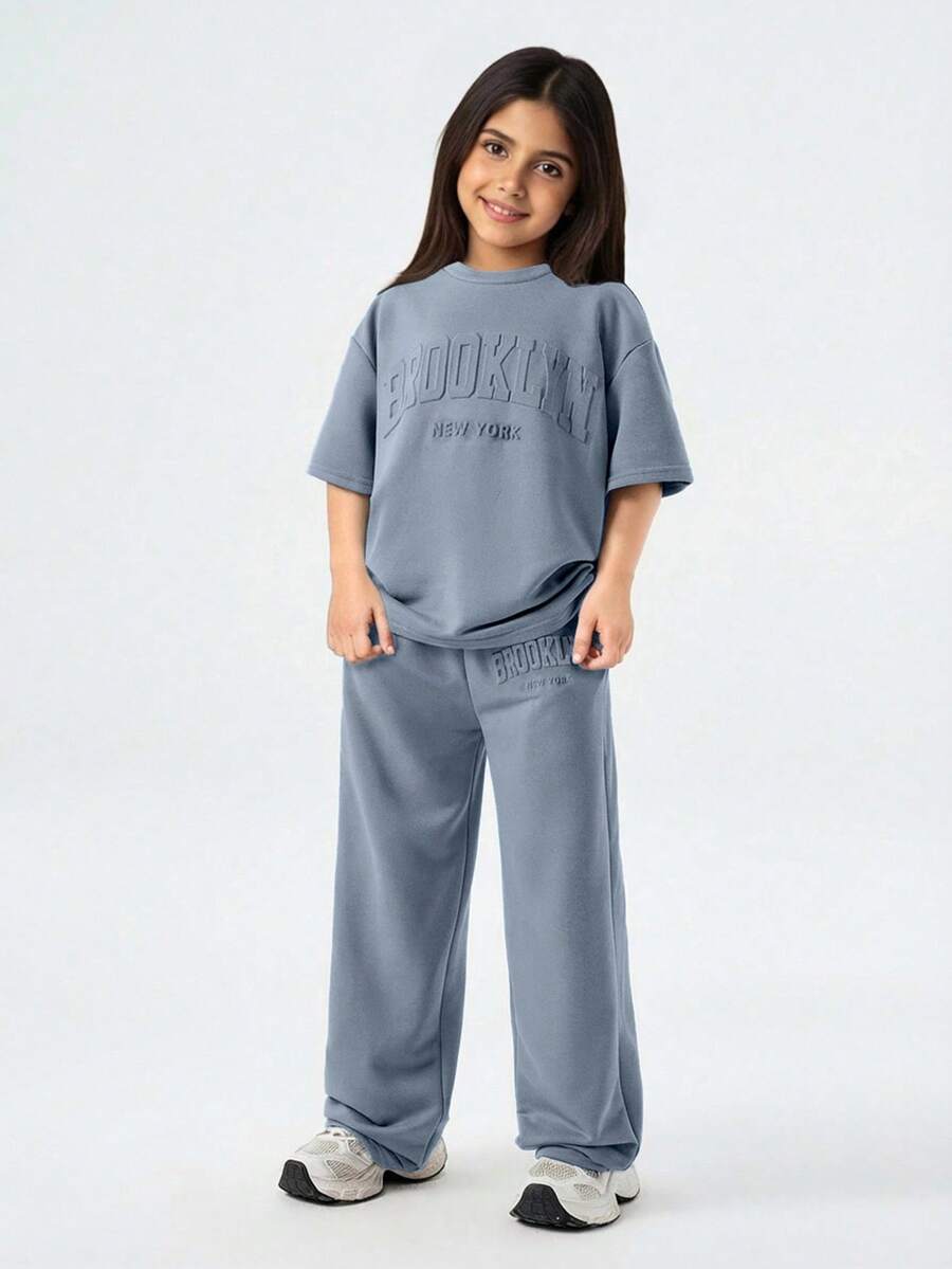 SHEIN Tween Girl Loose Casual Minimalist Comfortable Crew Neck Drop Shoulder Short Sleeve T-Shirt & Long Pants Set Tween Girl - Dusty Blue - View 1