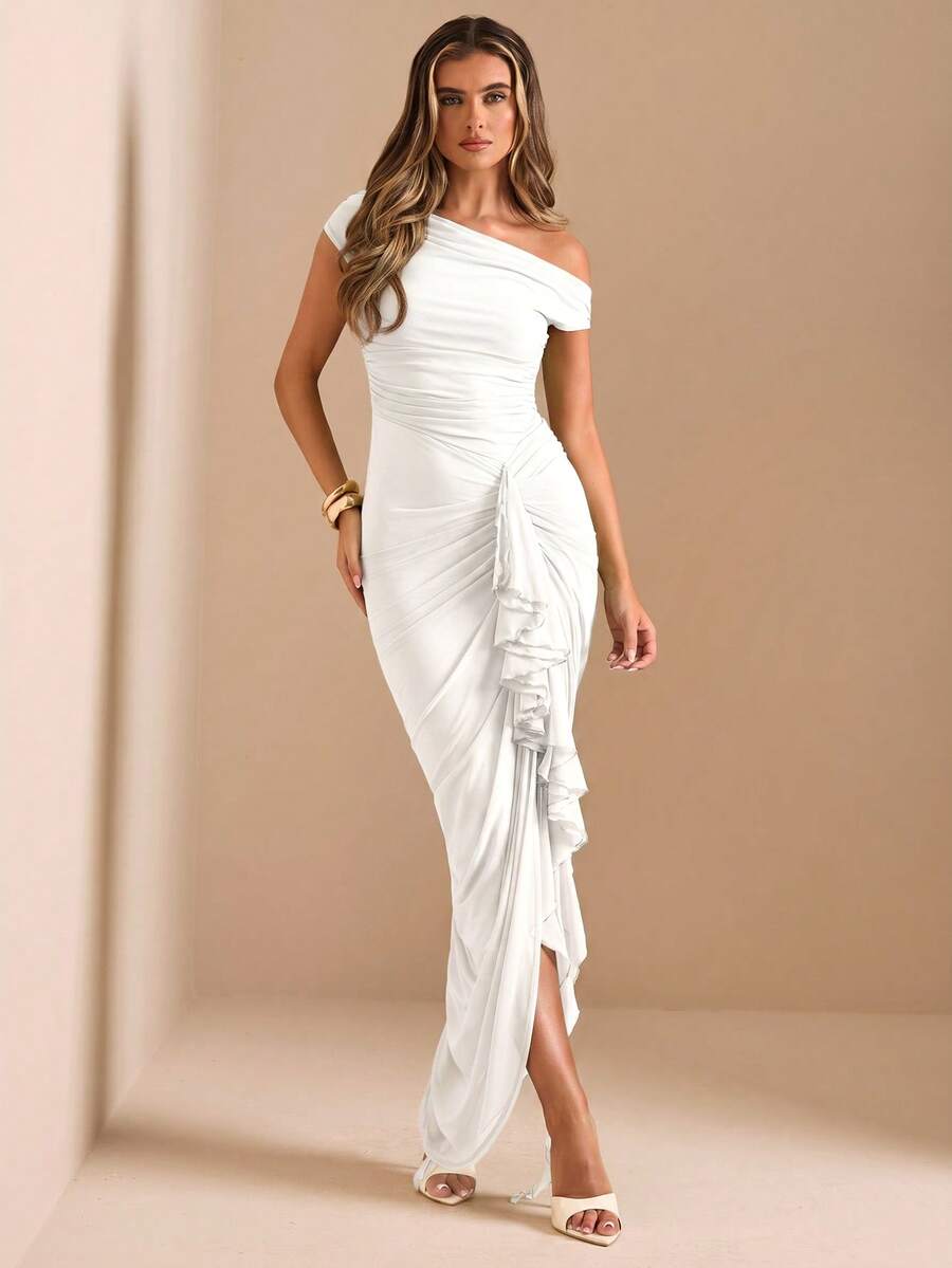 SHEIN BAE Gaun Kencan Wanita Putih, Musim Panas, Elegan, Formal, Leher Berlipit, Hem Bergelombang, Belahan Tinggi, Bahu Asimetris & Gaun Pesta Bodycon Berkerut - Putih - View 1