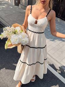 Pariaura Women's Contrast Color Spaghetti Strap Hollow Out Ruffle Hem Summer Dress Golf White Sexy - Apricot - View 1