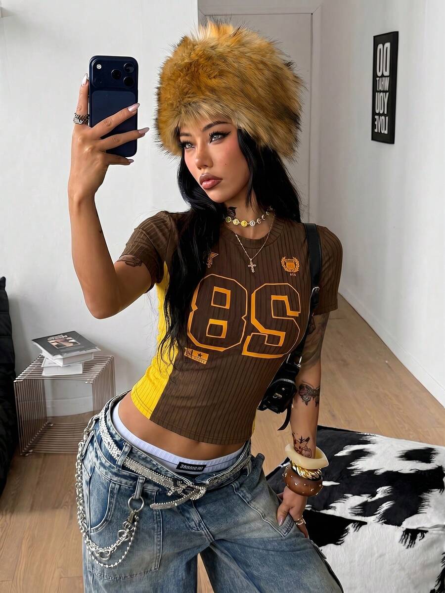Coolane 女款夏季 Y2K 街頭風復古演唱會電音節派對外出黑色短版 T-Shirt 上衣 - 棕色 - 查看 1