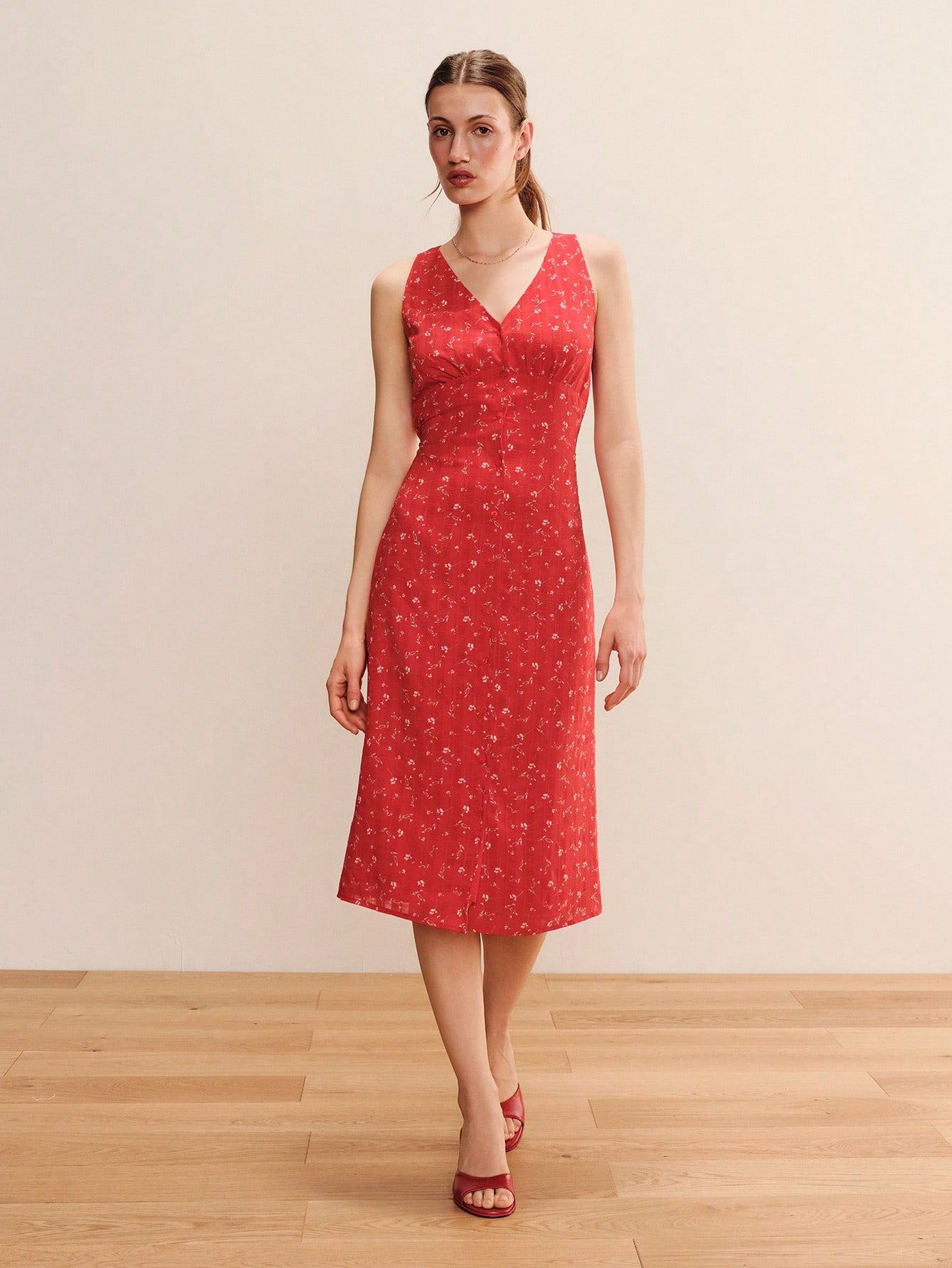 Red Floral Print Button Front Midi Tea Dress With Tie Back Detail Vintage Cute Spring Summer Elegant Dress Feminine Casual Holiday Dress French Style Dress