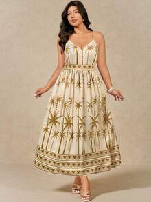 Juhart Robe longue élégante sans manches à col V profond avec motif géométrique d'arbre de noix de coco pour femmes grandes tailles - Jaune moutarde - Voir 3