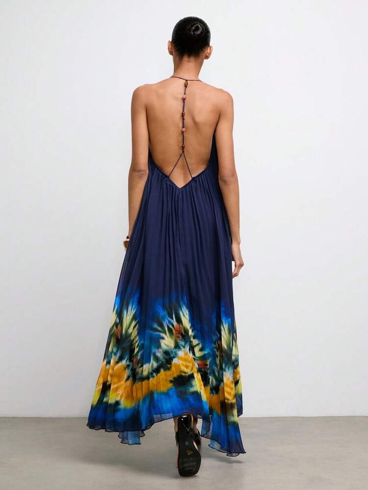 SHEIN Maija Women's Summer Navy Blue Halter Maxi Pleated Dress,Boho Beach Vacation Holiday Resort Flowy Backless Elegant Dinner Outfit Country Concert Dresses
