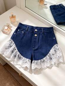 Franclia Vintage Girlisim Lace Trim Casual Shorts For Summer Golf Pastal - Blue - View 4