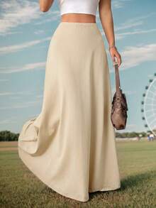 SHEIN EZwear Jupe longue minimaliste de couleur unie à taille élastique et coupe évasée pour femmes, Robe ajustée asymétrique de couleur unie kaki naturel pour femmes, Convient pour le port décontracté de tous les jours au printemps/automne - Kaki - Voir 6