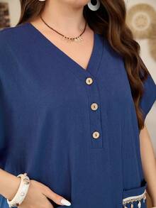 Lacomfia Navy Blue Linen Casual Loose Dress, Short Sleeve, Comfortable Daily Wear, Versatile, Wooden Button, Shell Tassel Decor, Plus Size Women - Navy Blue - View 3