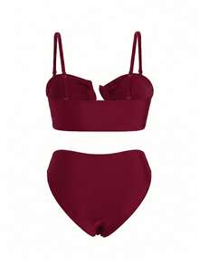 Set de 3 piezas de bikini dividido de mujer con decoración de metal de unicolor, top bandeau con tirantes ajustables y falda de cintura alta, estilo de moda para playa y resort - Burdeos - Ver 7