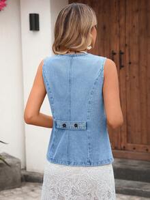 EMERY ROSE Áo khoác gile denim nữ thời trang, đa năng, cài nút, kiểu dáng thường ngày. - Rửa nhẹ - Xem 2