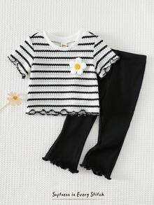 女婴柔软针织圆领短袖T恤和松紧腰裤两件套 - 黑與白 - 查看 1