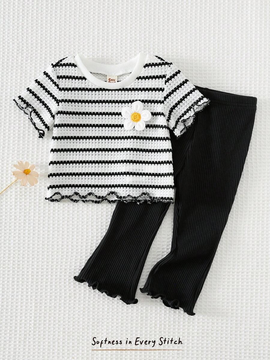 女婴柔软针织圆领短袖T恤和松紧腰裤两件套 - 黑與白 - 查看 1