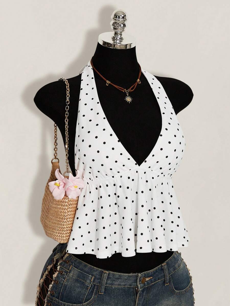SHEIN ICON 女士波点印花荷叶边吊带背心 - 白色 - 查看 1