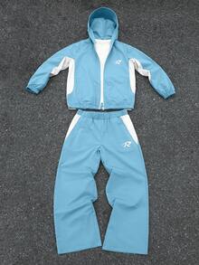 PAVTROS Men's Autumn/Winter Hooded Jacket Set, Two-Tone Patchwork, Loose Fit, Zip-Up Front, Letter Print - Baby Blue - View 1