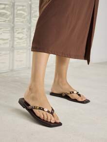 SPRING AND SUMMER NEW OUTDOOR WOMEN'S FLAT-BOTTOMED SQUARE TOE BROWN PINCH SLIPPERS WOMEN'S THICK-SOLED NON-SLIP CASUAL VERSATILE BEACH SANDALS SPRING SHOES SUMMER SHOES - Coffee Brown - View 7