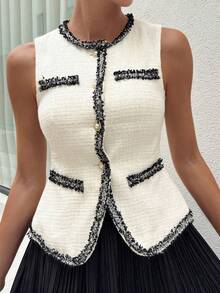 Patchwork Contrast Ruffle Hem Fitted Round Neck Sleeveless Vest, Elegant Summer Holiday Women Jacket - White - View 6