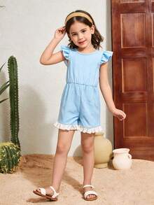 Elladie kids 女童蓝白条纹荷叶边无袖连体衣，优雅舒适，时尚设计，夏季蝴蝶结露背童装连体裙，女童连体衣，夏季蓝条纹连体衣，荷叶边袖连体衣，可爱浅蓝色连体衣，儿童小女孩浅蓝色套装，蓝色蝴蝶结女童套装，夏季女童连体衣 - 藍色 - 查看 9