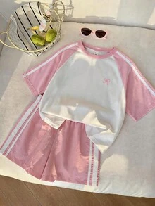 SHEIN 少女撞色短袖T恤短裤套装，运动风，宽松贴身设计，轻盈面料，适合日常穿着、休闲和运动。 - 粉色 - 查看 4
