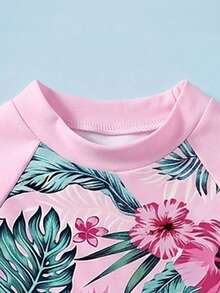 SHEIN Young Girl Tropical Print One-Piece Swimsuit For Beach Vacation - Pink - View 5
