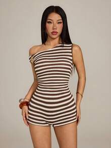 SHEIN PETITE 女士休闲度假条纹性感不对称肩部海星金属装饰修身迷你连体裤，适合海滩、邮轮、城市度假、音乐节等场合，波西米亚风连体裤，条纹沙滩连体裤，海滩邮轮度假条纹连体裤，休闲度假装，棕白条纹沙滩度假连体裤，条纹连体度假连体裤，夏季连体裤 - 棕色 - 查看 8