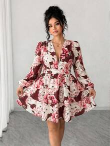 Elenzga Plus Size Women Floral V-Neck Puff Sleeve Double Ruffle Hem Dress Fall - Red - View 4