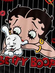 Attitoon Betty Boop x SHEIN 休闲运动街头风百搭派对机场穿搭，黑红条纹数字字母印花学院风，音乐节夏季户外女式圆领宽松短袖T恤 - 彩色 - 查看 2