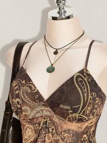 SHEIN ICON Plus Size Women Paisley Print Blue-Green Ruffle Trim Blouse - Brown - View 5