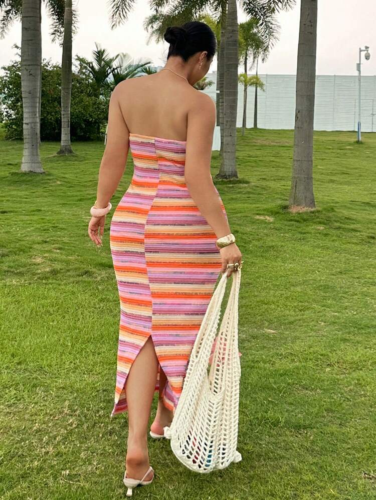 Dazy Plus Spring & Summer Striped Contrast Color Bandeau Midi Dress, Elegant For Parties, Weddings, Music Festivals, Casual Vacation, Beach, Commute, Plus Size