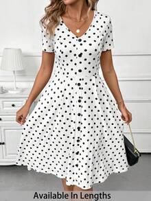SHEIN PETITE CURVE 大码夏季休闲波点印花前扣V领连衣裙 - 黑與白 - 查看 1