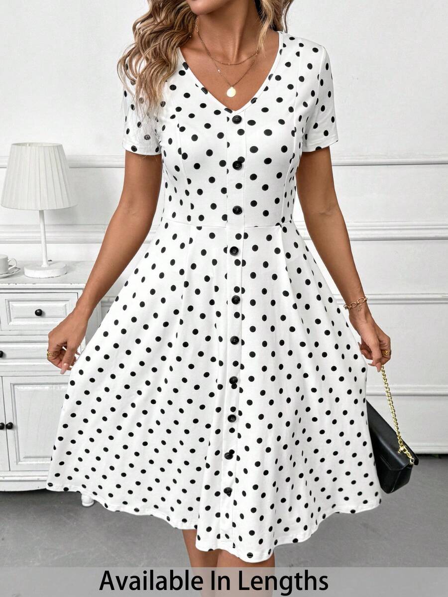 SHEIN PETITE CURVE 大码夏季休闲波点印花前扣V领连衣裙 - 黑與白 - 查看 1