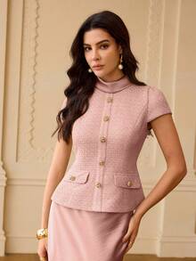 ZEYLAH 2pcs/Set Satin Front Button Elegant Top And Fish Tail Hem Skirt - Pink - View 4