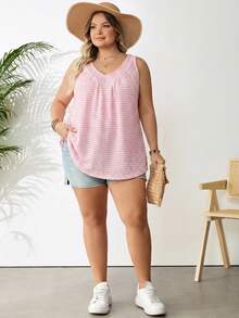 SHEIN CURVE+ 大码女式粉白条纹V领宽松吊带背心 - 粉色 - 查看 3