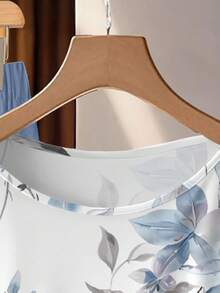 EMERY ROSE Setelan 2 Potong Kemeja dan Celana Motif Bunga Kasual Musim Panas Ukuran Besar - Biru - View 3