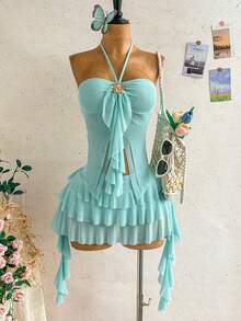 Soleia Ensemble 2 pièces femme avec Top à col ras-du-cou à volants et jupe évasée avec décoration florale en métal - Bleu ciel - Voir 3