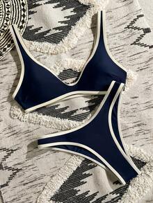Swim Vcay White Trim Bikini Set. Black Body With White Trim Design, High Cut Triangle Bottom - Royal Blue - View 1