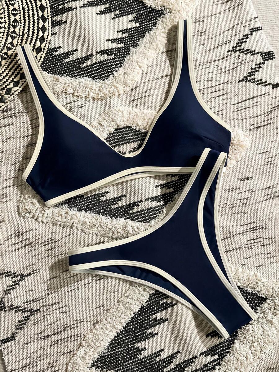 Swim Vcay White Trim Bikini Set. Black Body With White Trim Design, High Cut Triangle Bottom - Royal Blue - View 1