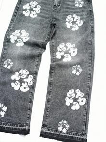 Manfinity EMRG 男士复古水洗印花宽松直筒阔腿牛仔裤 - 灰色 - 查看 4
