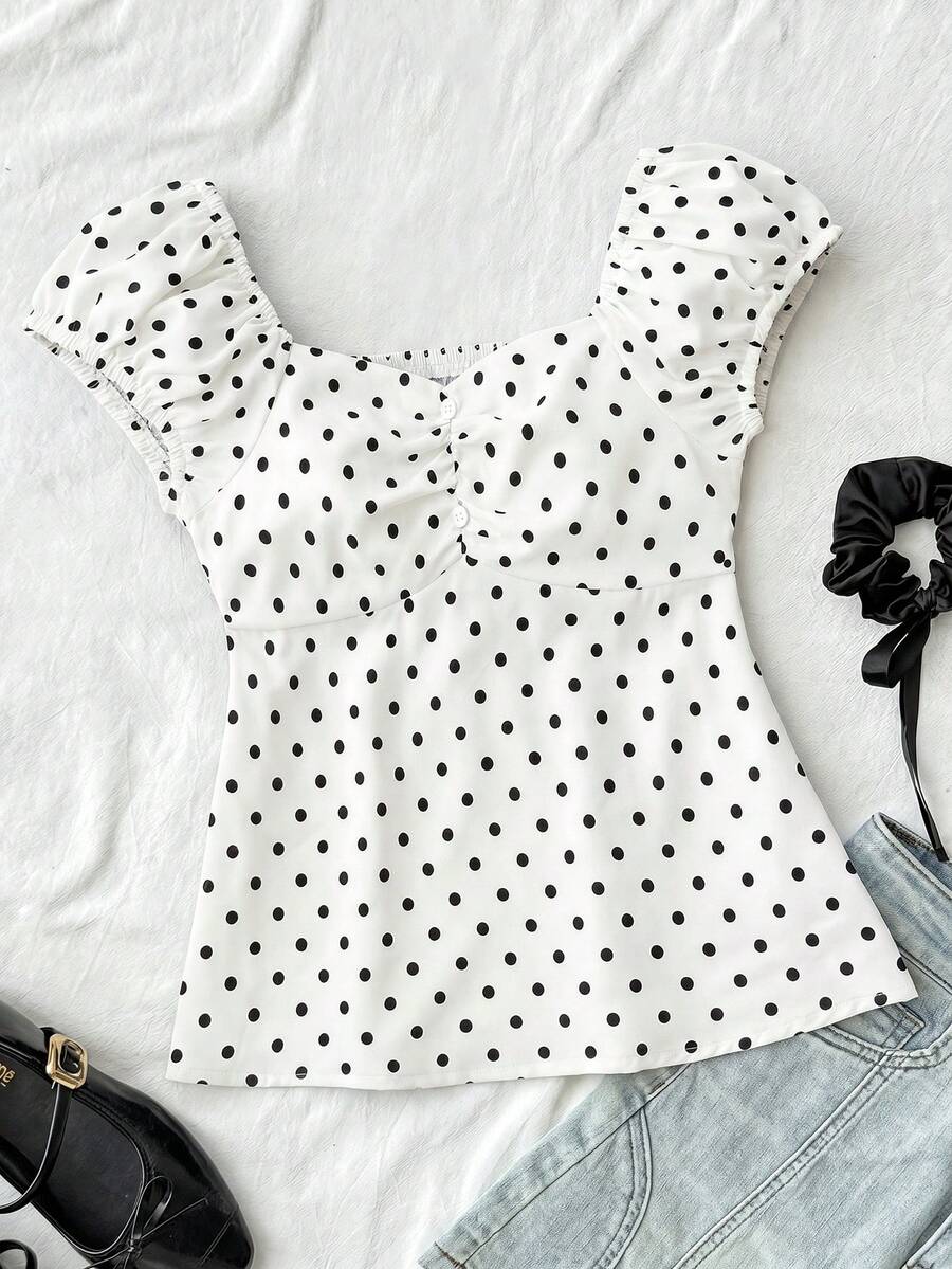 SHEIN Tween Girls' Casual Minimalist Comfortable Polka Dot Back Strap Blouse - White - View 1
