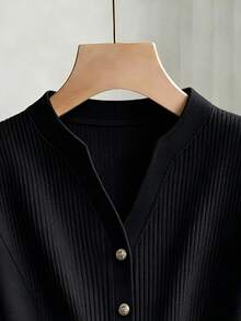 SHEIN Franclia 女士休闲纽扣罗纹短袖T恤 - 黑色 - 查看 4