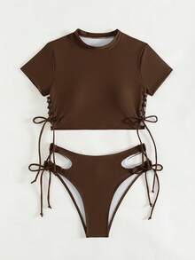 SHEIN Swim Bộ bikini có dây đeo màu trơn không có gọng, Bộ đồ tắm đi biển mùa hè - Cà phê nâu - Xem 5